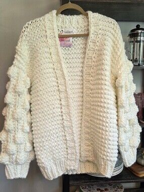 Handmade Wool Blend Chunky Knit Popcorn Boucle Sleeve Cardigan Chic Wish Large
